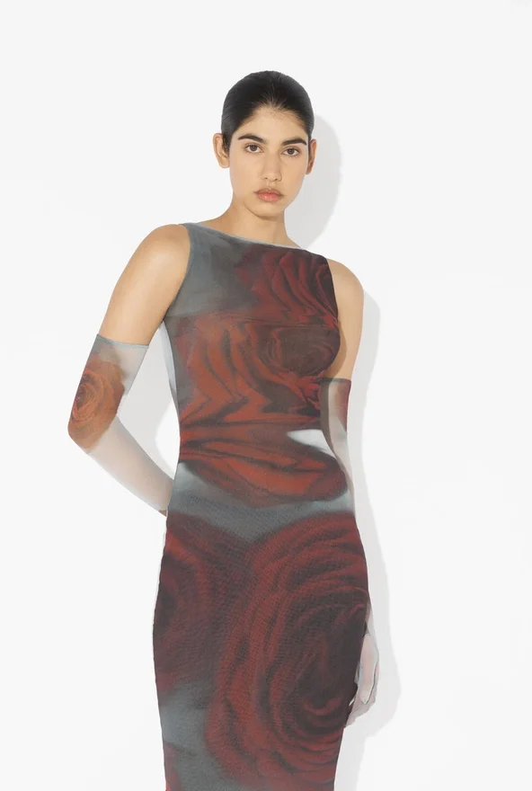 The Long Red Blurry Roses Dress The Long Red Blurry Roses Dress